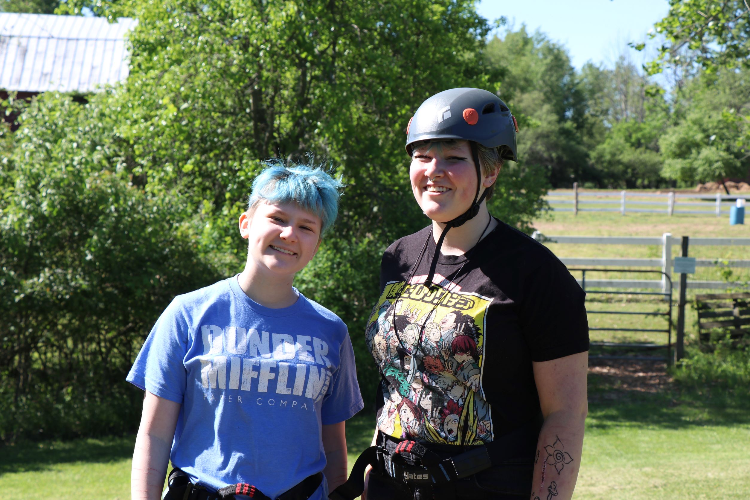 sisters about to climb the cargo net at Camp Henry